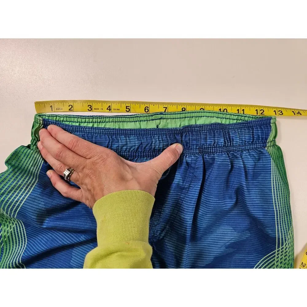Nike Boys size Large L lined brief swim suit trunks blue green drawstring waist*